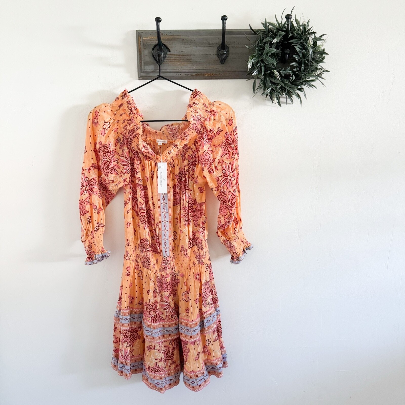 NWT Poupette St. Barth Sylvia Off Shoulder Mini Dress Orange Size S Boho Resort