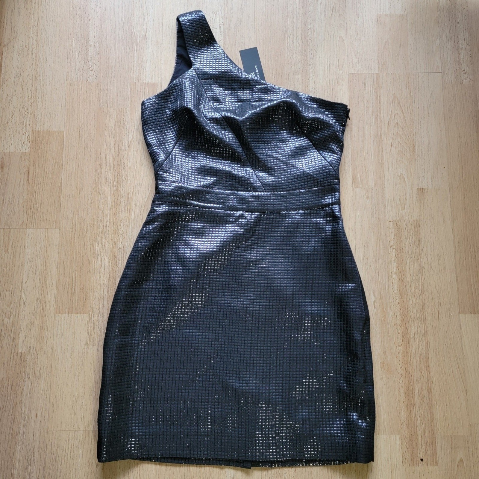 NWT Banana Republic Monogram Black One Shoulder Sequin Grid Dress Size 8