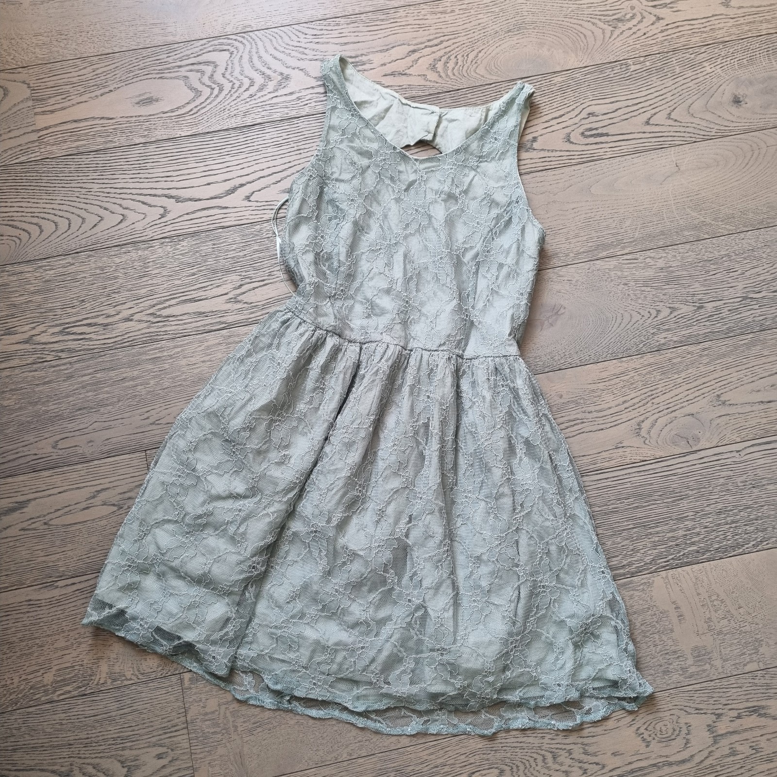 Vintage New Look Dress Light Green Lace Sleeveless Floral Skater Party Size 8-10
