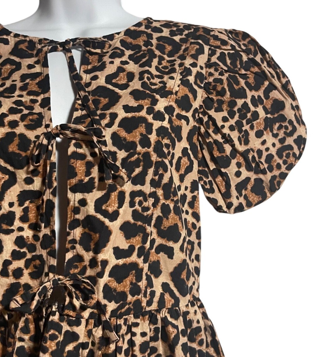 Sim & Sam Womens Leopard Puff Sleeve Shirred Mini Dress Size S JR 100% Cotton