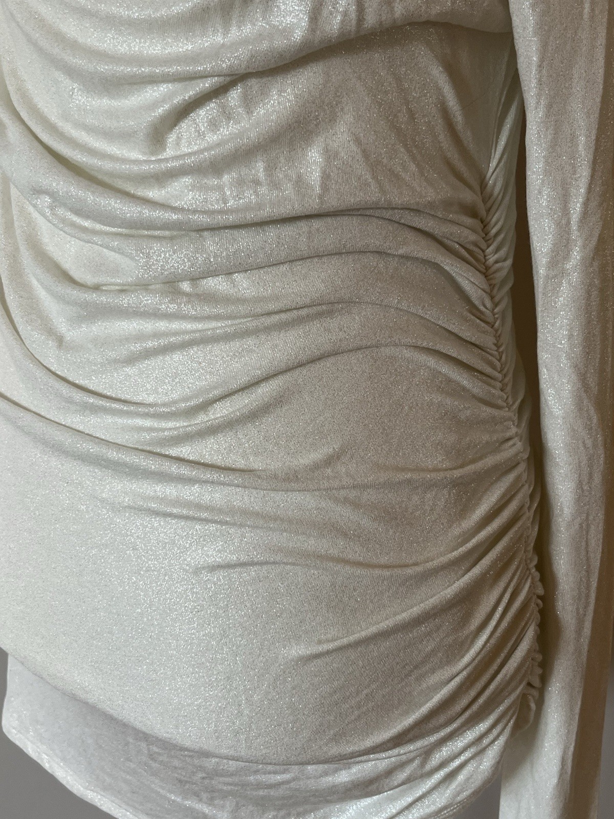 Express White Shimmer Ruched Asymmetrical Bodycon Mini Dress ~ Wms Size S ~ NWT