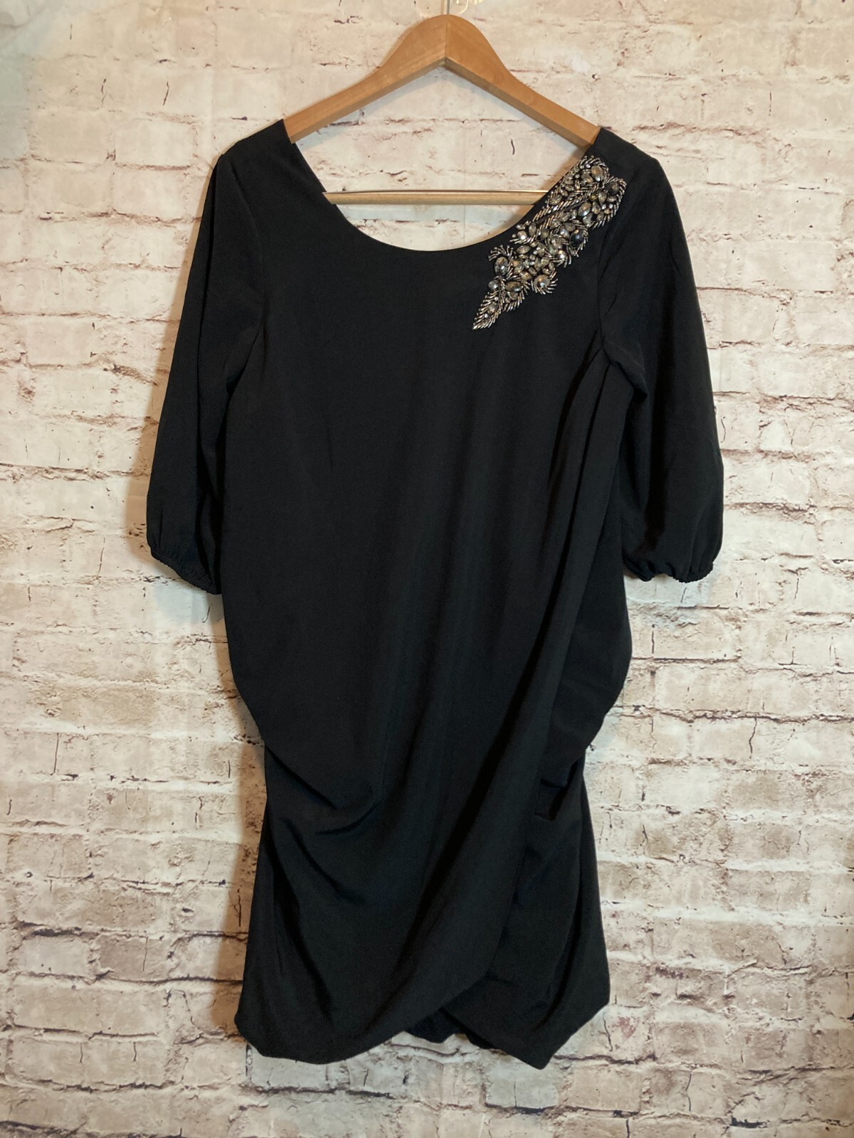 MM Couture Miss Me Dress Womens Medium LBD Black Beaded Bubble Hem Draped Slouch