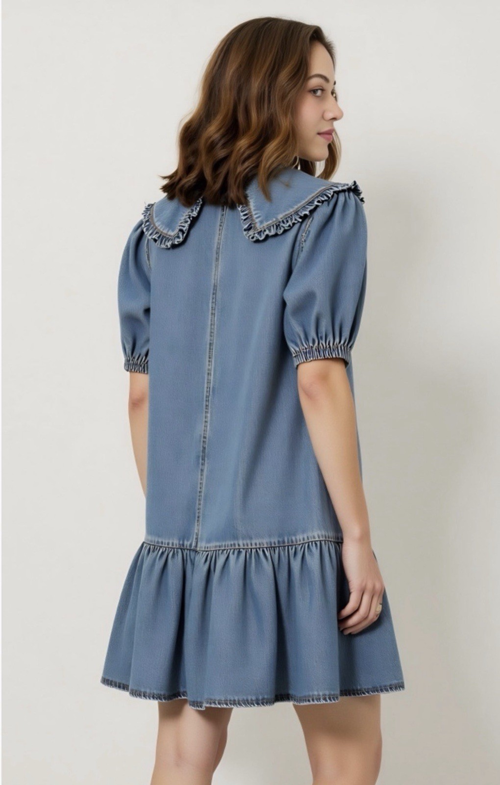 Modenaire Blue Cotton Denim Collared Ruffle Puff Sleeve Mini Dress Size M