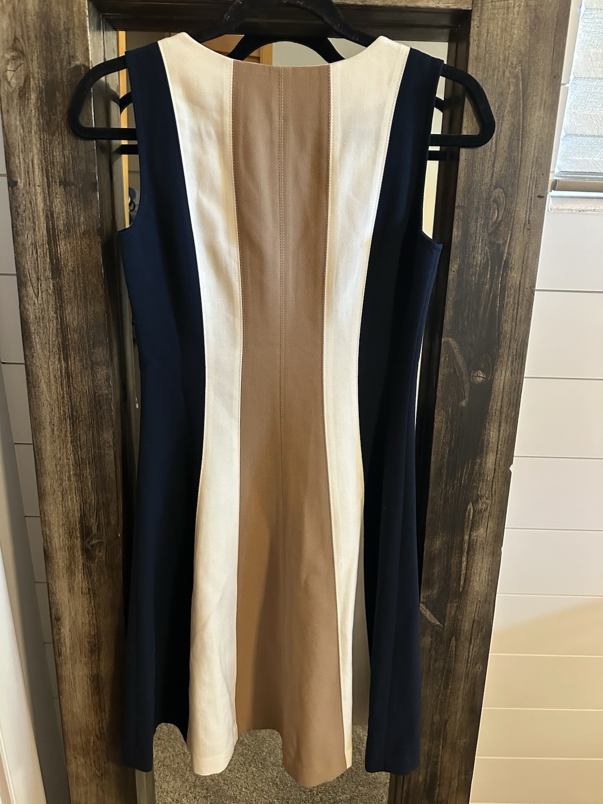Ann Taylor Colorblock Sheath Dress Size 0 Navy Cream Tan Front Zip Career knee