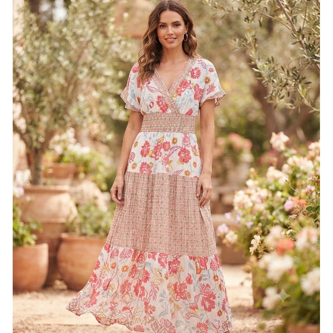 J GEE Womens Floral Smocked Waist Maxi Dress Pink White V-Neck Boho Size S