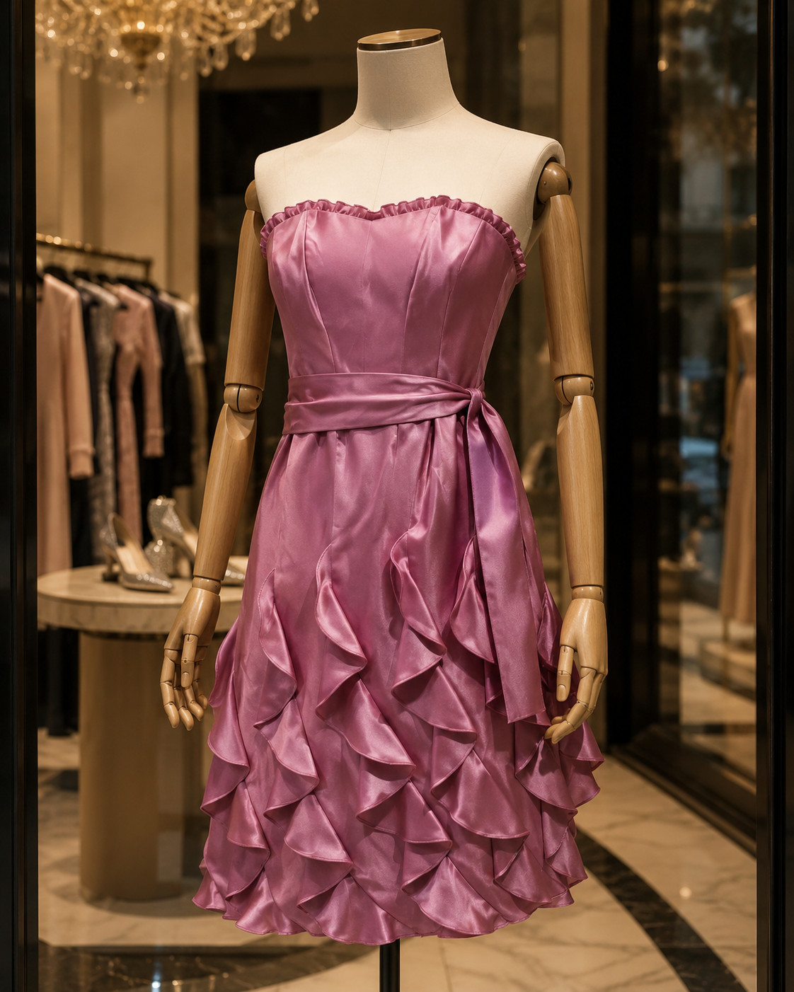 Next Pink Satin Strapless Ruffle Cocktail Sheath Midi Dress UK 12 US 8