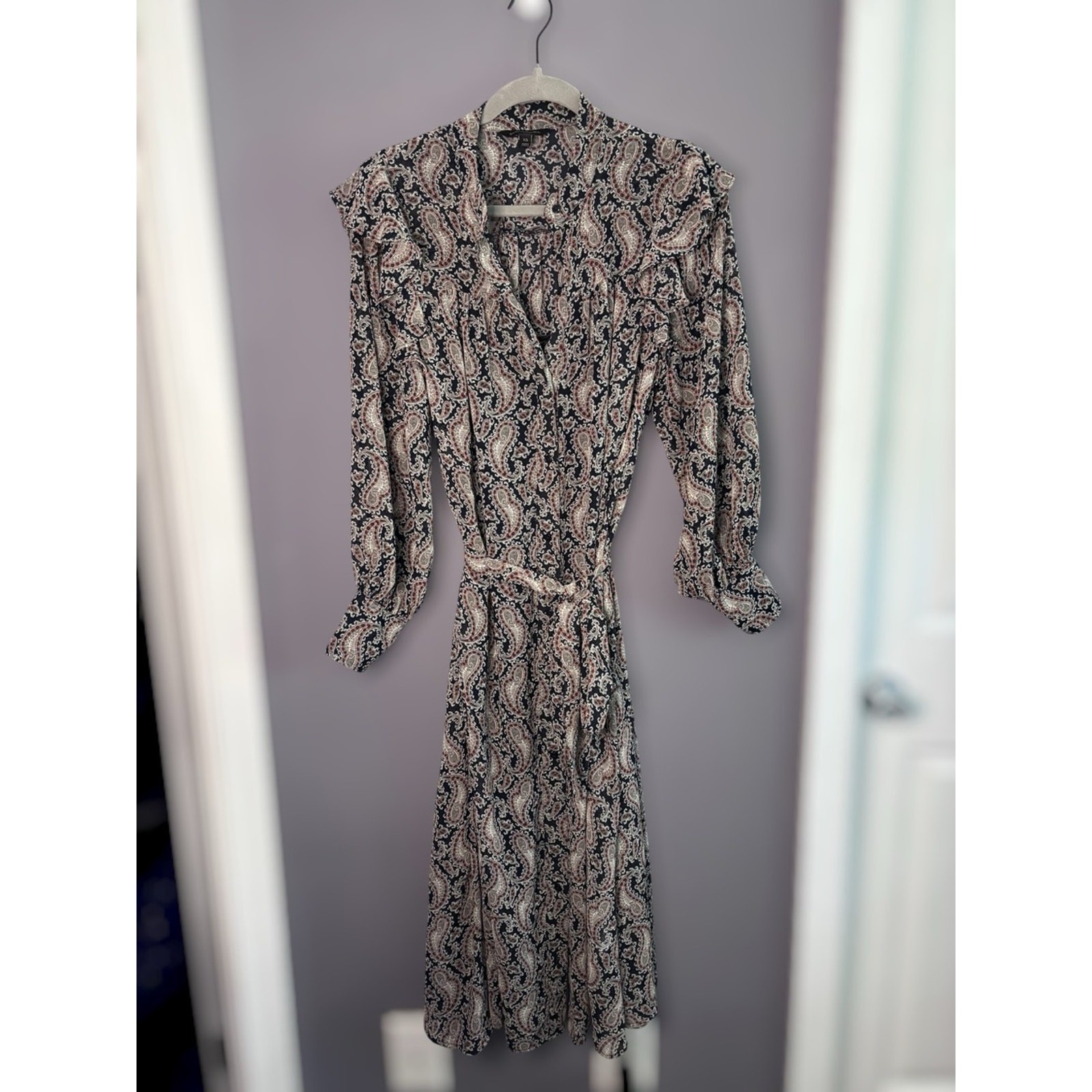 Banana Republic Tan Navy Blue Paisley Belted Ruffle Dress XS
