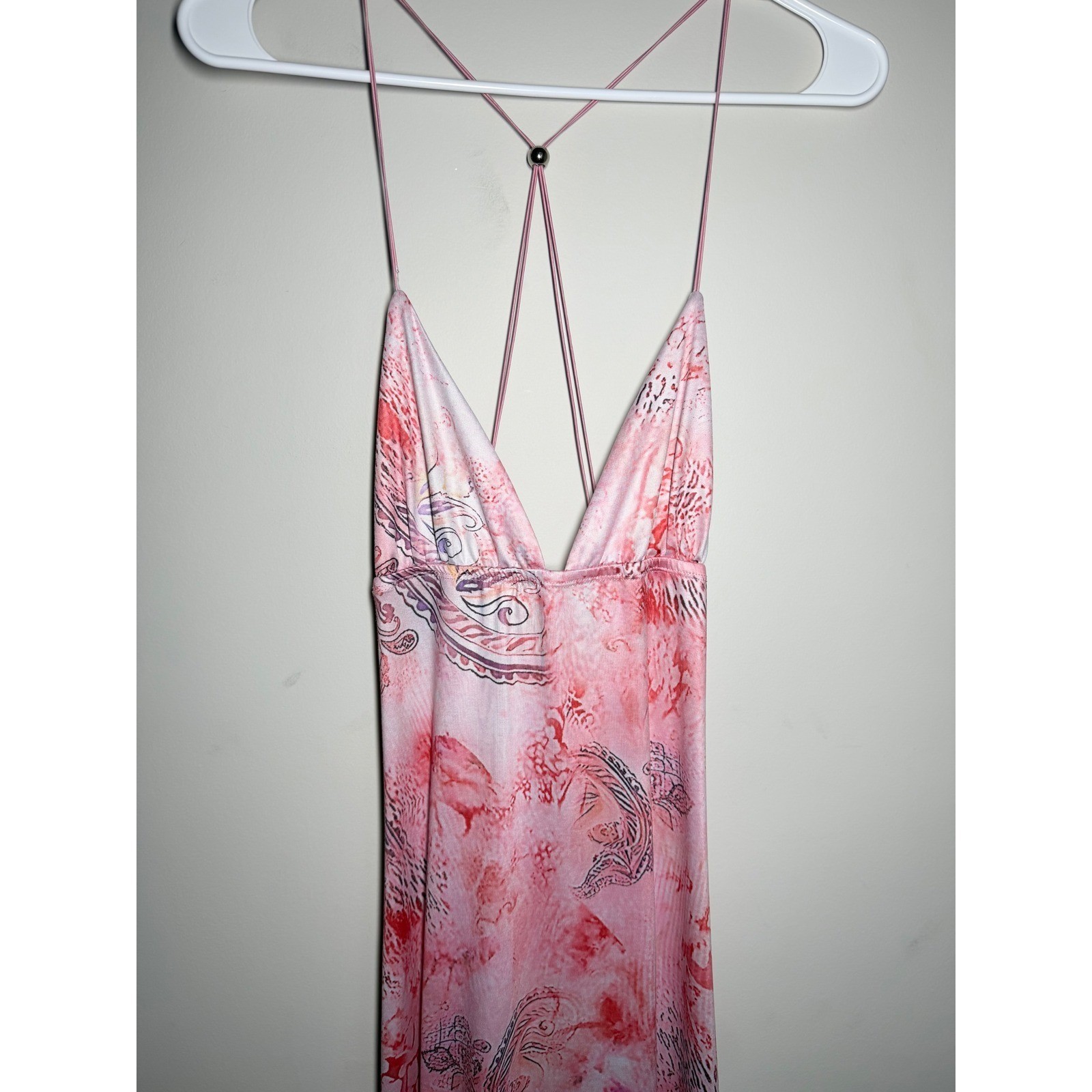 Pink Butterfly Applique Open Back Lace Up Maxi Dress Abstract Paisley Print