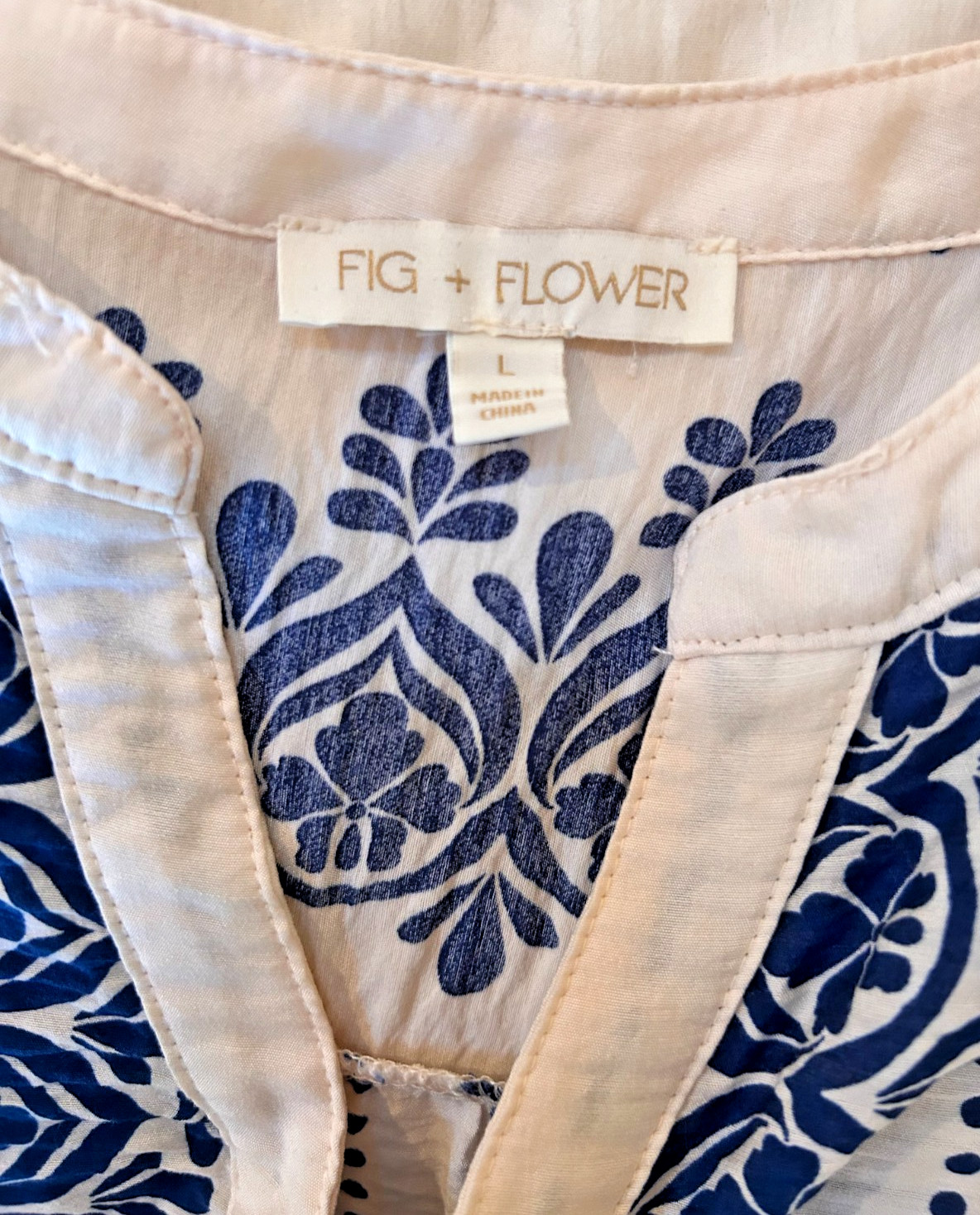 Fig & Flower Tropical Tiered Midi Dress Blue White Sz L Summer Coastal Vacation