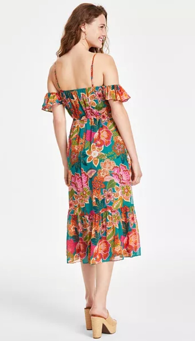 City Studios Orange-Teal Floral Print Off-The-Shoulder Midi Dress L Coastal Boho