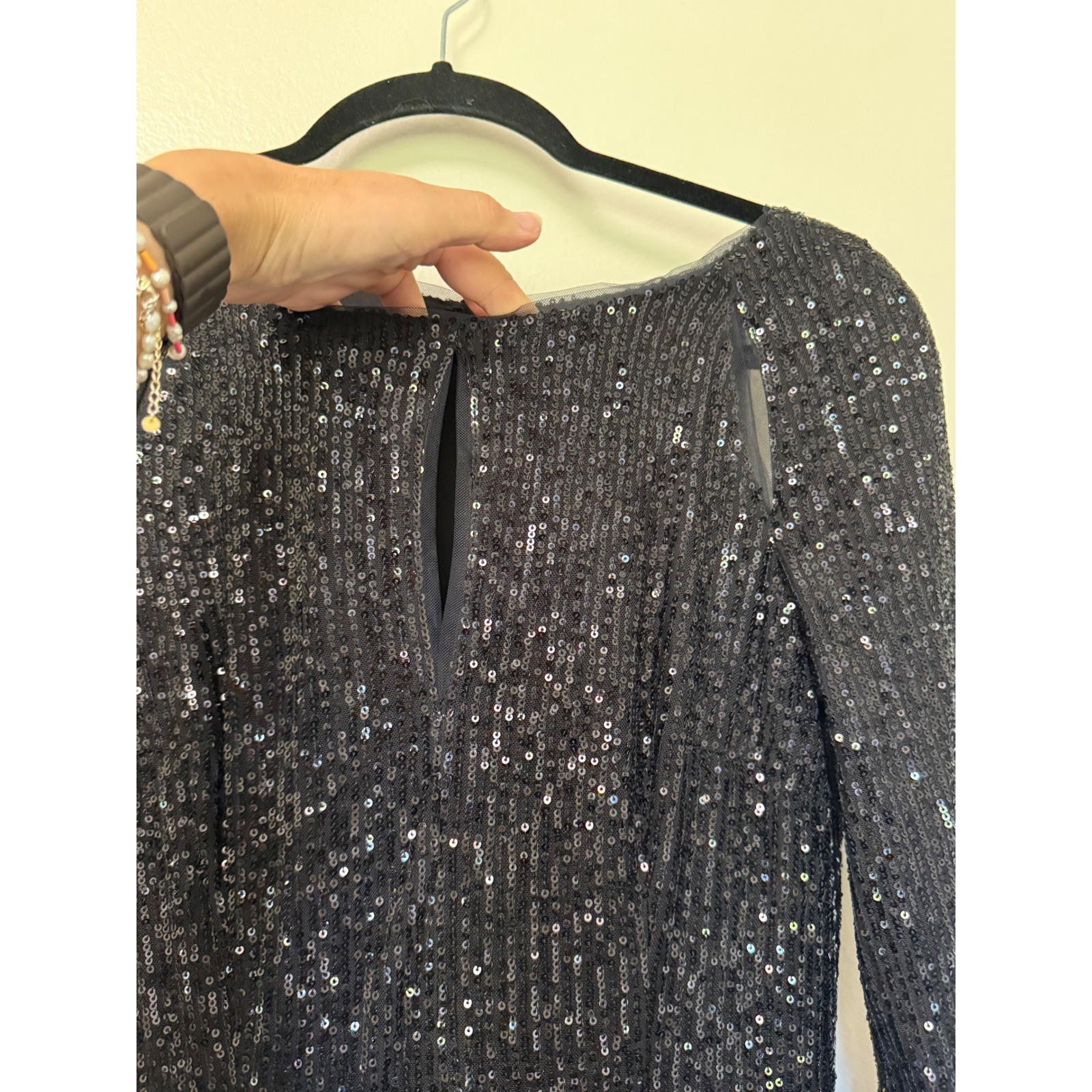 Black Sequin Long Sleeve Maxi Dress Shoulder Cut Out Side Slit Formal Gown