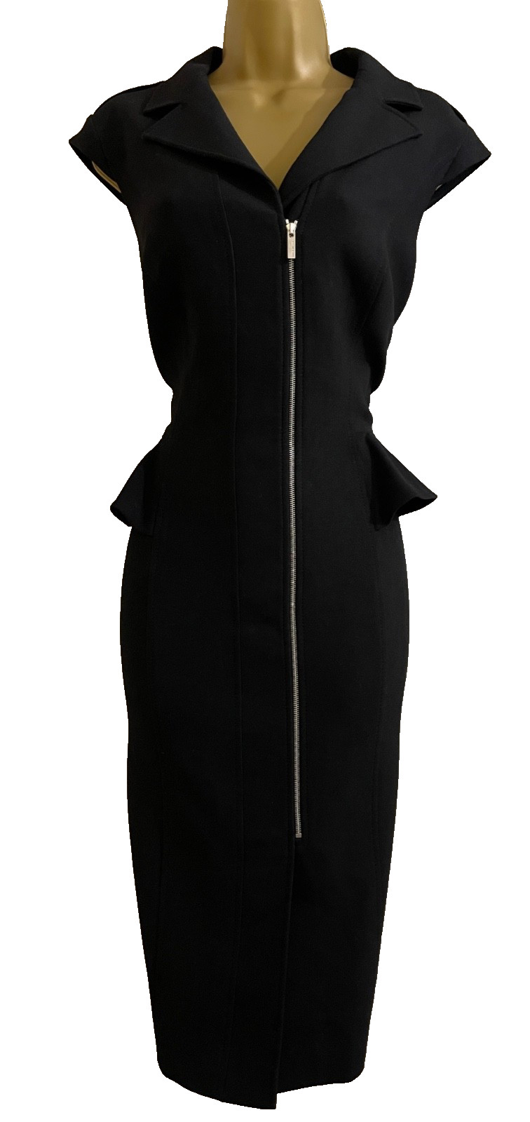 KAREN MILLEN BLACK PEPLUM ZIP-FRONT PENCIL DRESS UK 14 (US 10) EUR 42