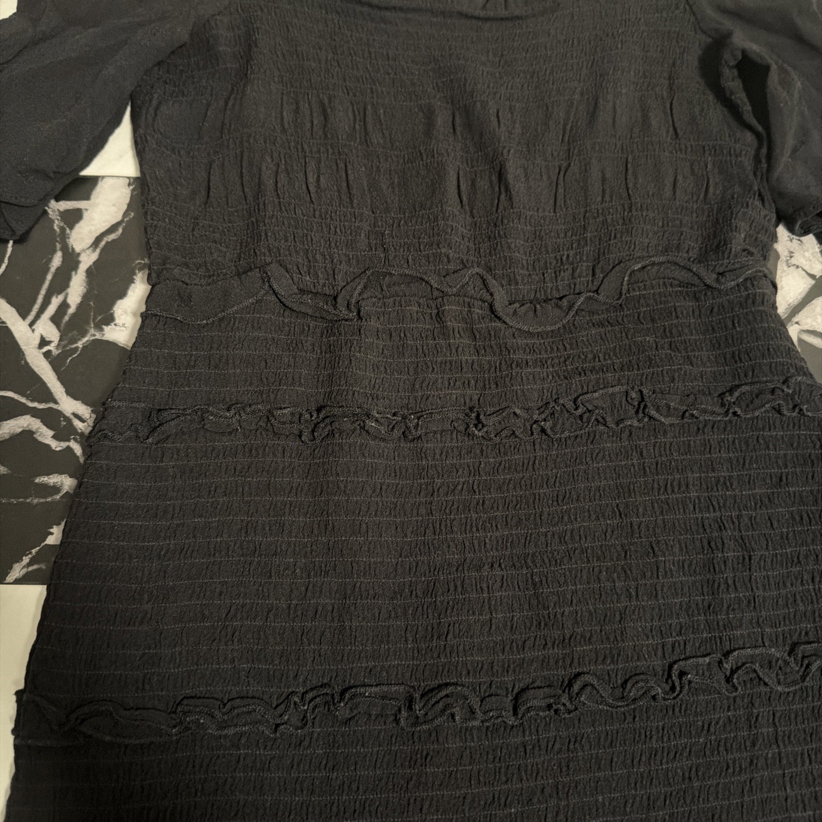 Black Ruched Layered Ruffle Dress Short Sleeve Size M Close To Knee Length
