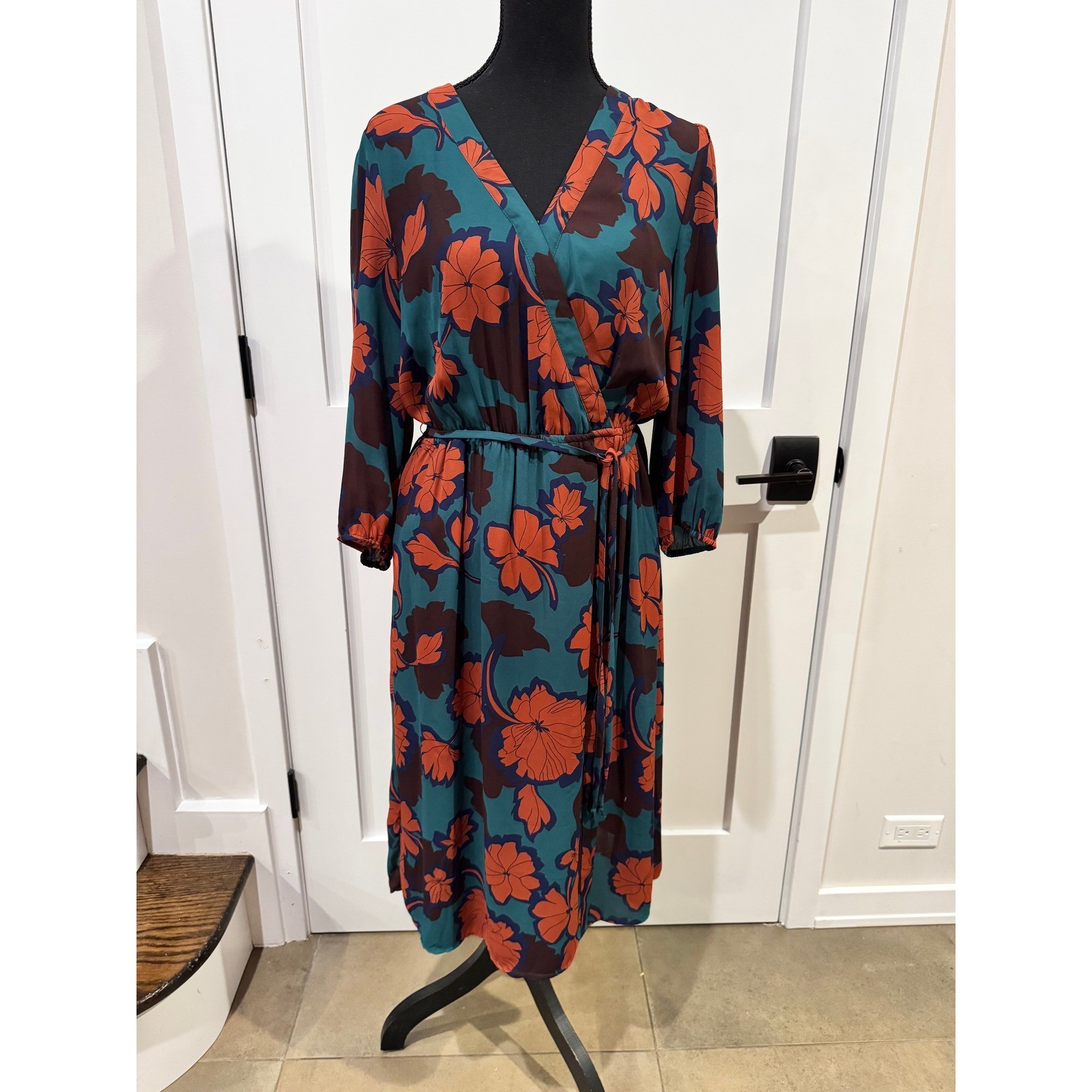 Teal Floral Long Sleeve Midi Wrap Dress with Elastic Waist and Tie Belt