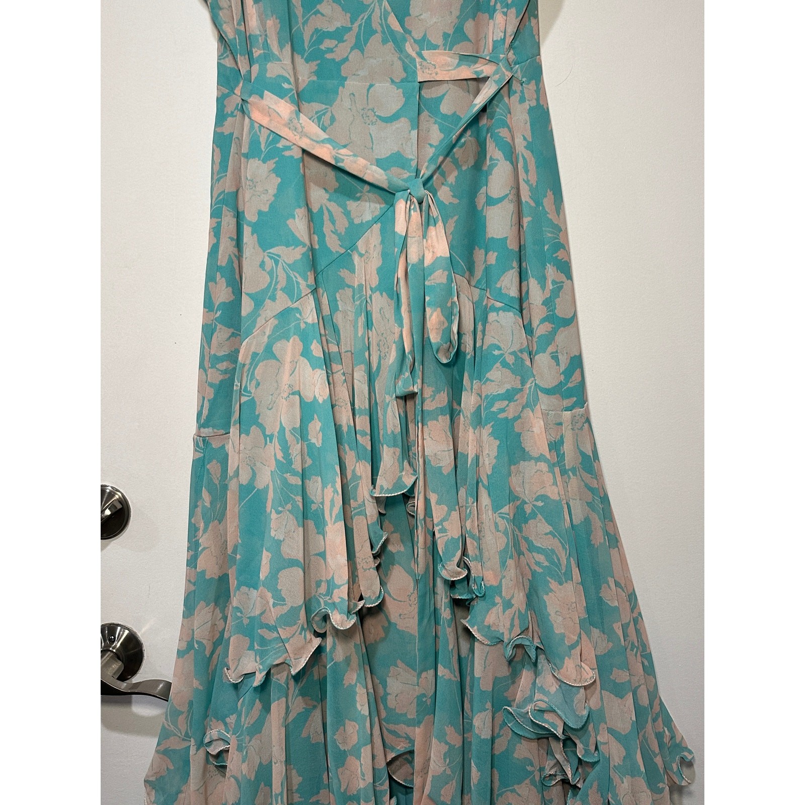 Hutch Trinity Ruffled Chiffon Wrap Maxi Dress Teal Floral Size Large NWT Wedding