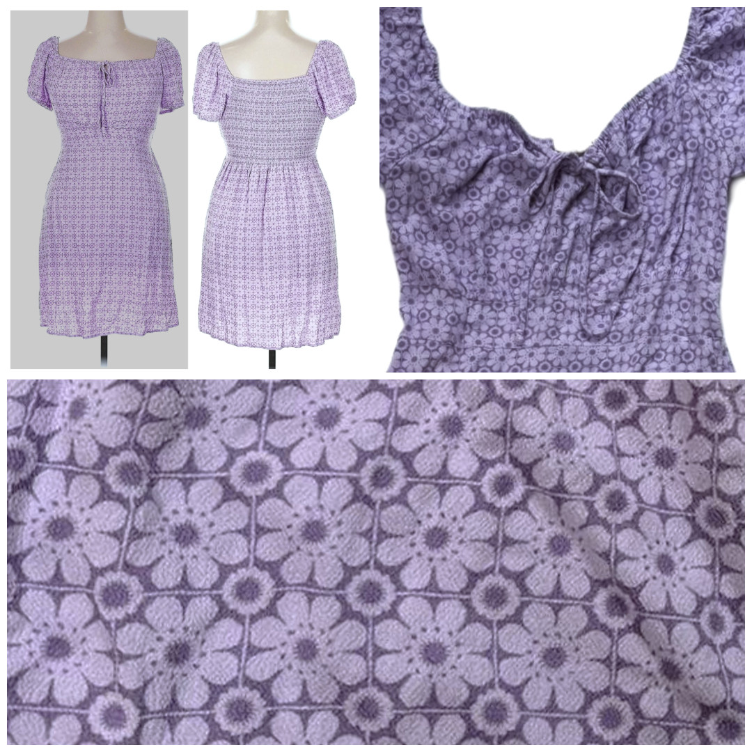 Y2k Rewind Babydoll skater dress Purple lavender flowers Smocked Milkmaid Fairy