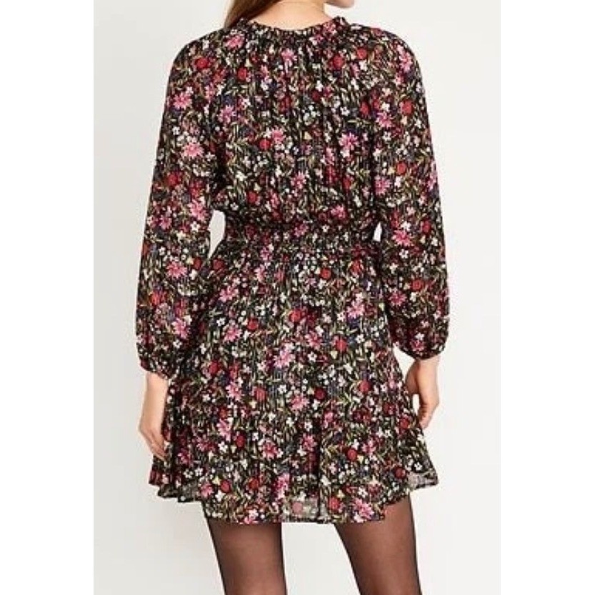 Old Navy Floral Metallic Lurex Smocked Mini Dress Black Red Pink Gold Long Sleev