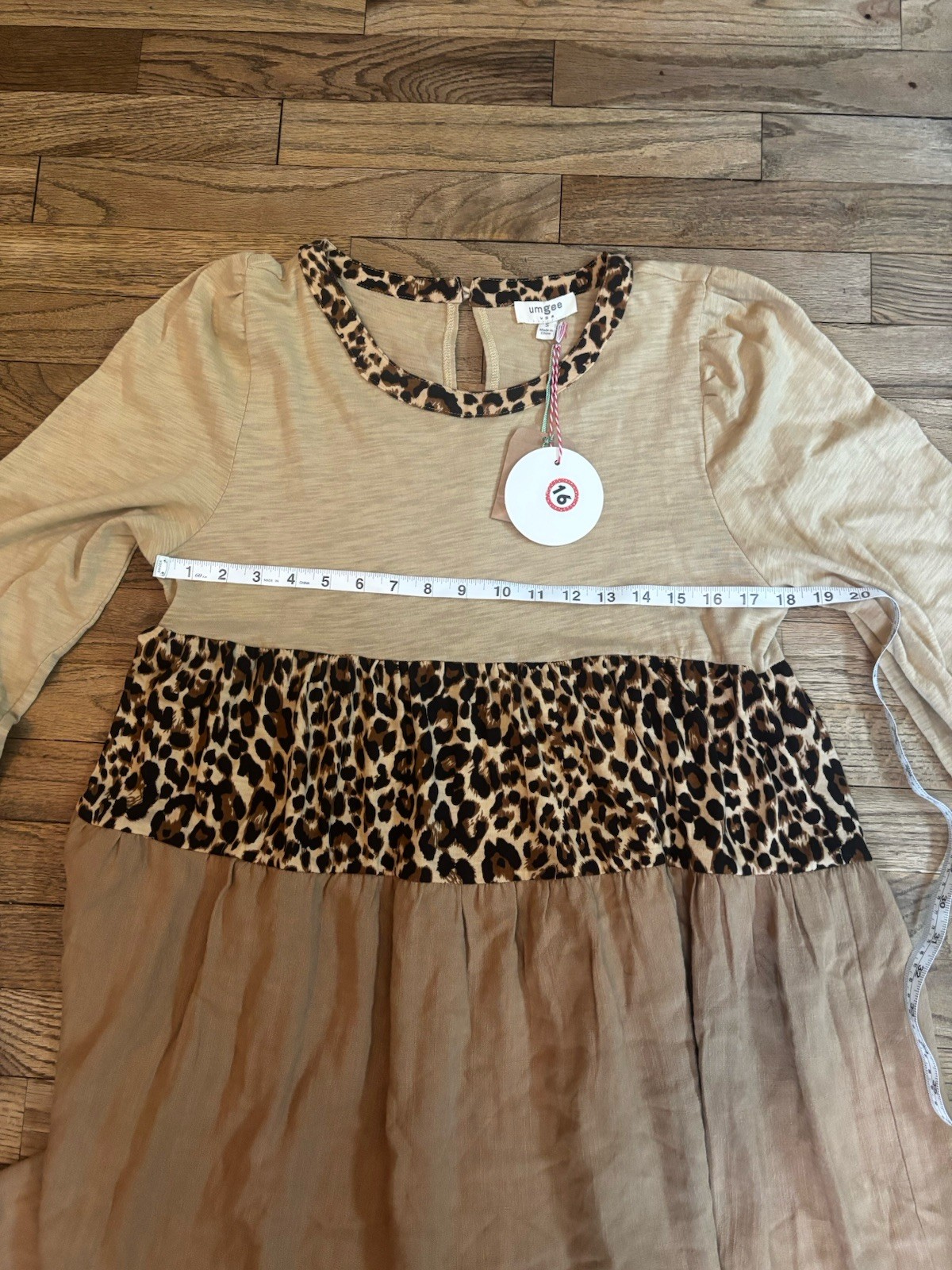 Umgee Small Leopard Print Babydoll Flowy Mini Dress Boho Long Sleeves