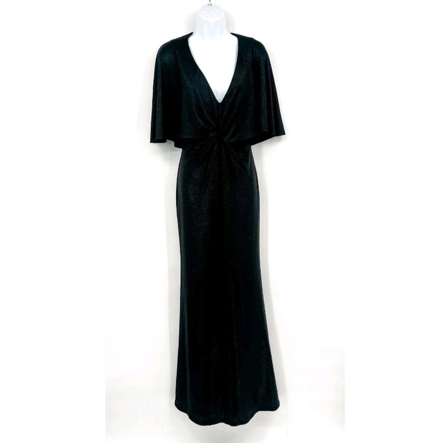 LAUREN RALPH LAUREN Twist-Front Cape Gown Size -8 Black Metallic Long Dress