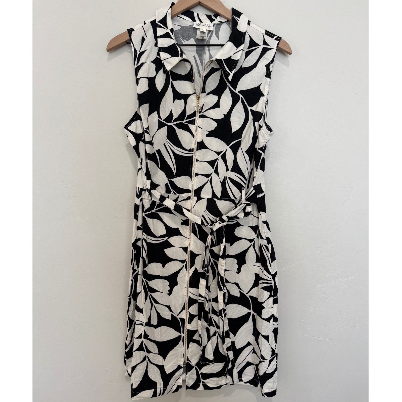 Kate and Lily Tropical Dress Tie Waist Zip Up Cotton Coastal Resort Size 14