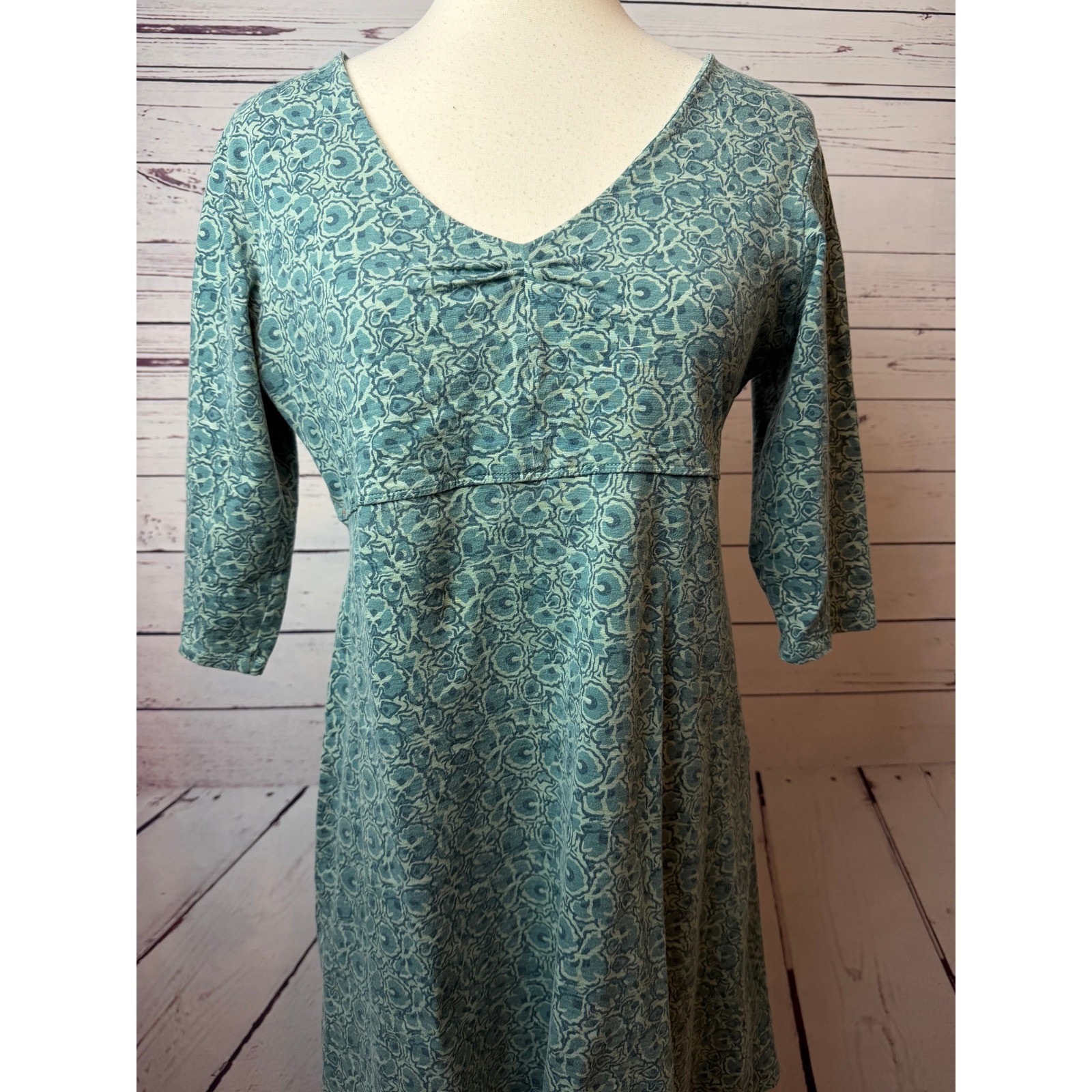 Toad&Co Rosalinda Dress Large Green Floral A-Line Knit Empire Waist Boho Ruched
