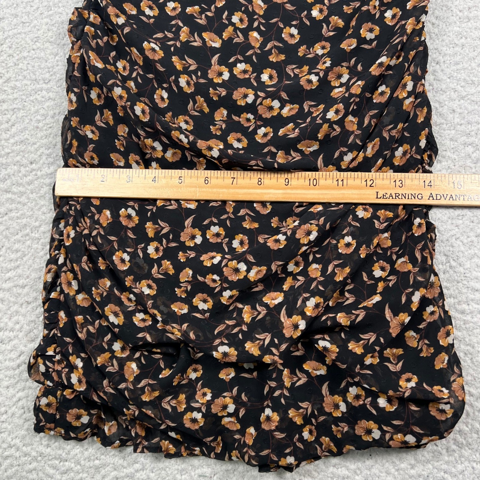 Storia Floral Print Long Sleeve Mini Dress Large Black Brown Ruched Ruffle