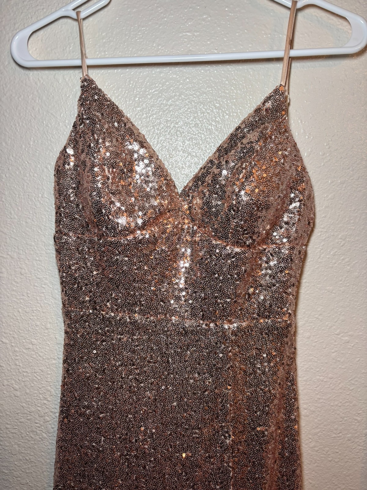 B Darlin Copper Sequin Spaghetti Strap Formal Gown Slit 5/6 Prom *Sm Flaw.