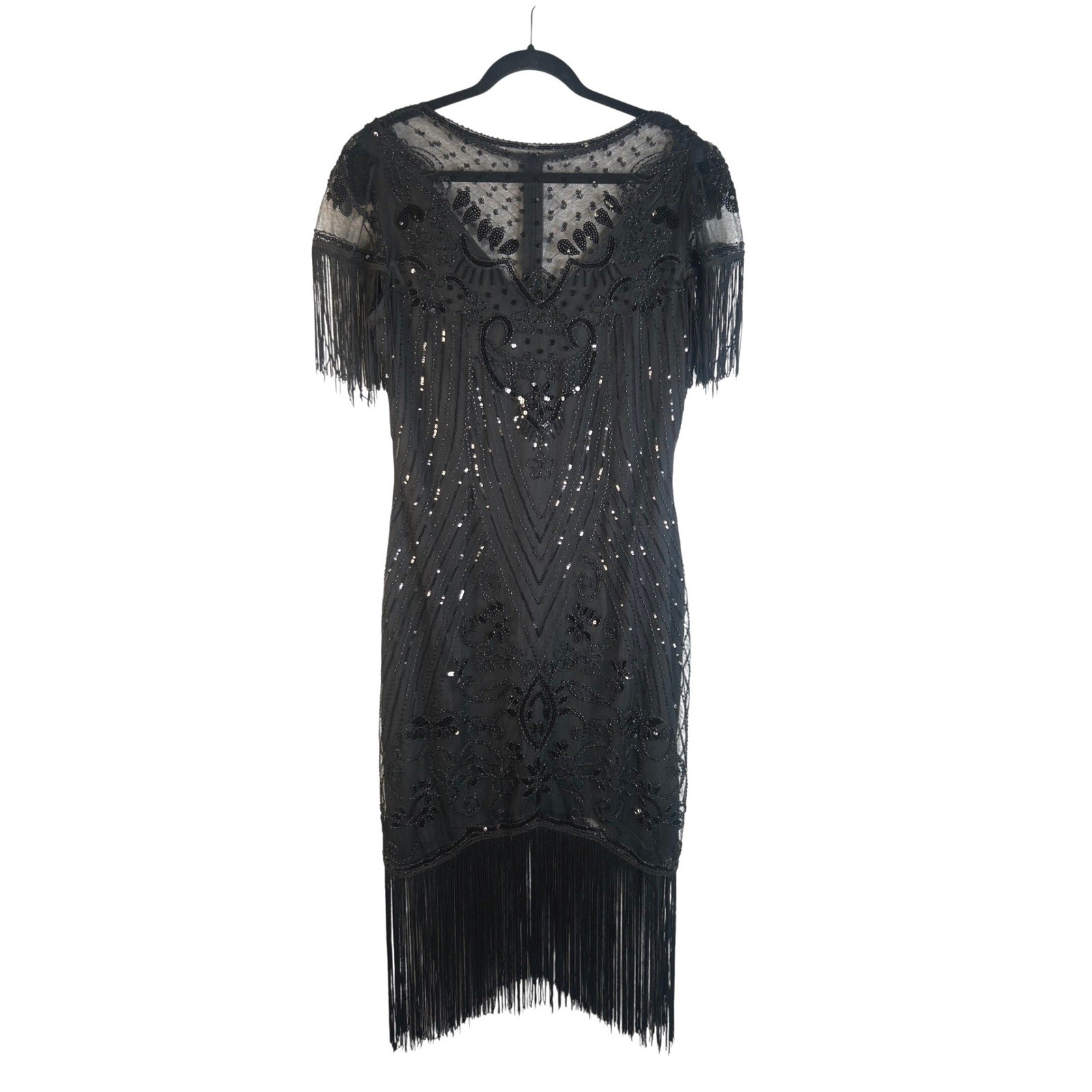 Black Beaded Sequin Fringe Flapper Gatsby Roaring 20’s Vintage Style Dress XL