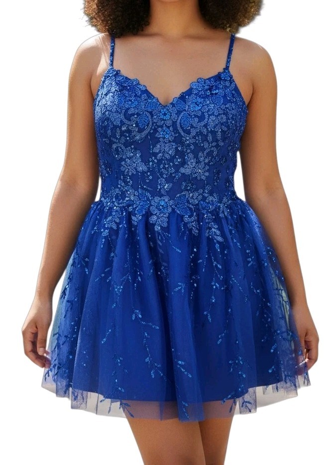 Dancing Queen Sz 3X Womens Blue Floral Beaded Quinceanera Formal Mini Prom Dress