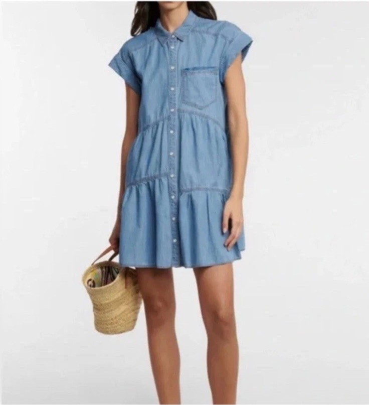 Veronica Beard Harrow Shirt Dress Tiered Pearl Snap Button Chambray Sz 8