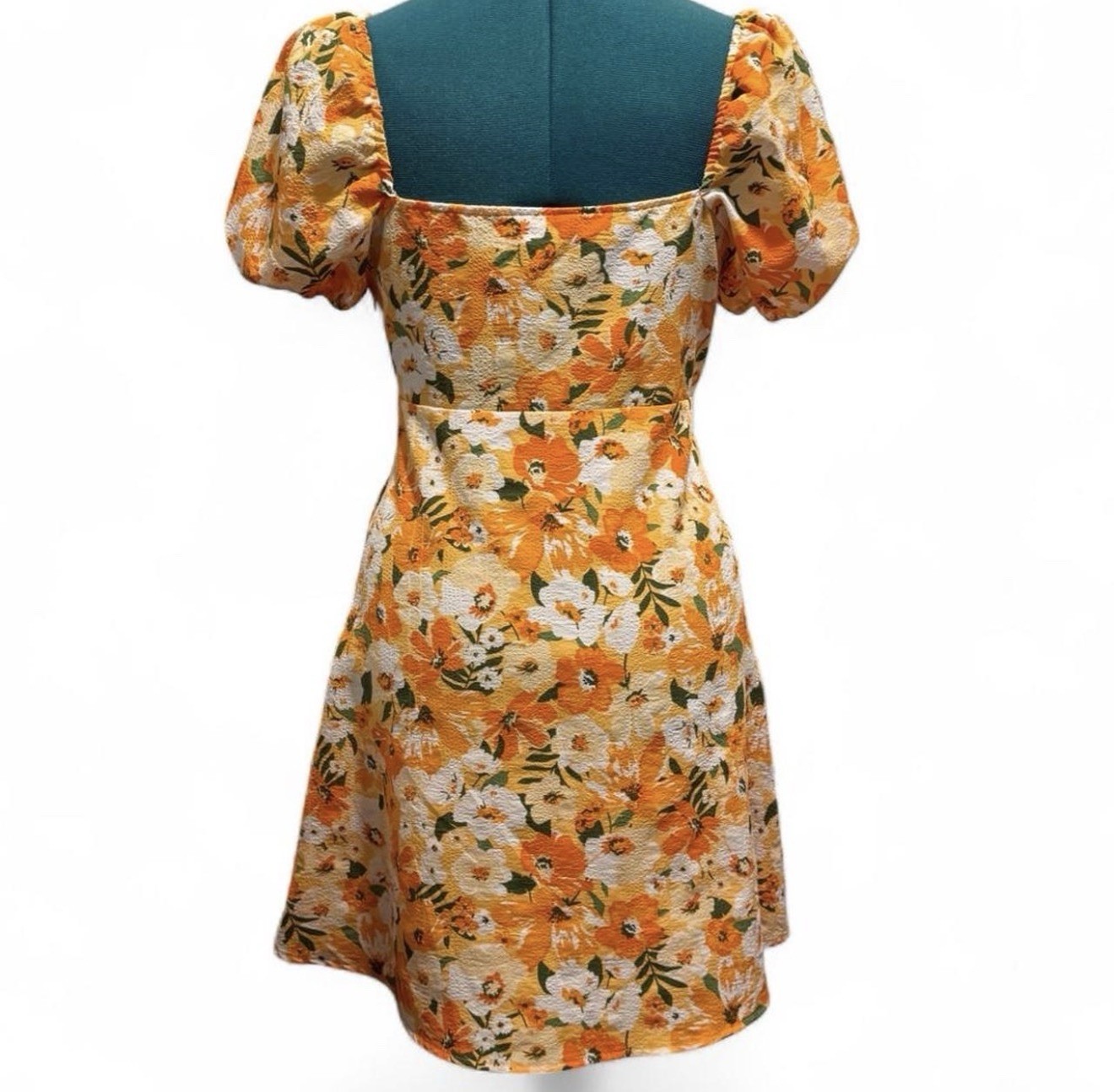 Divided Women’s Orange White Green Floral Square Neck Puff Sleeve Mini Dress S