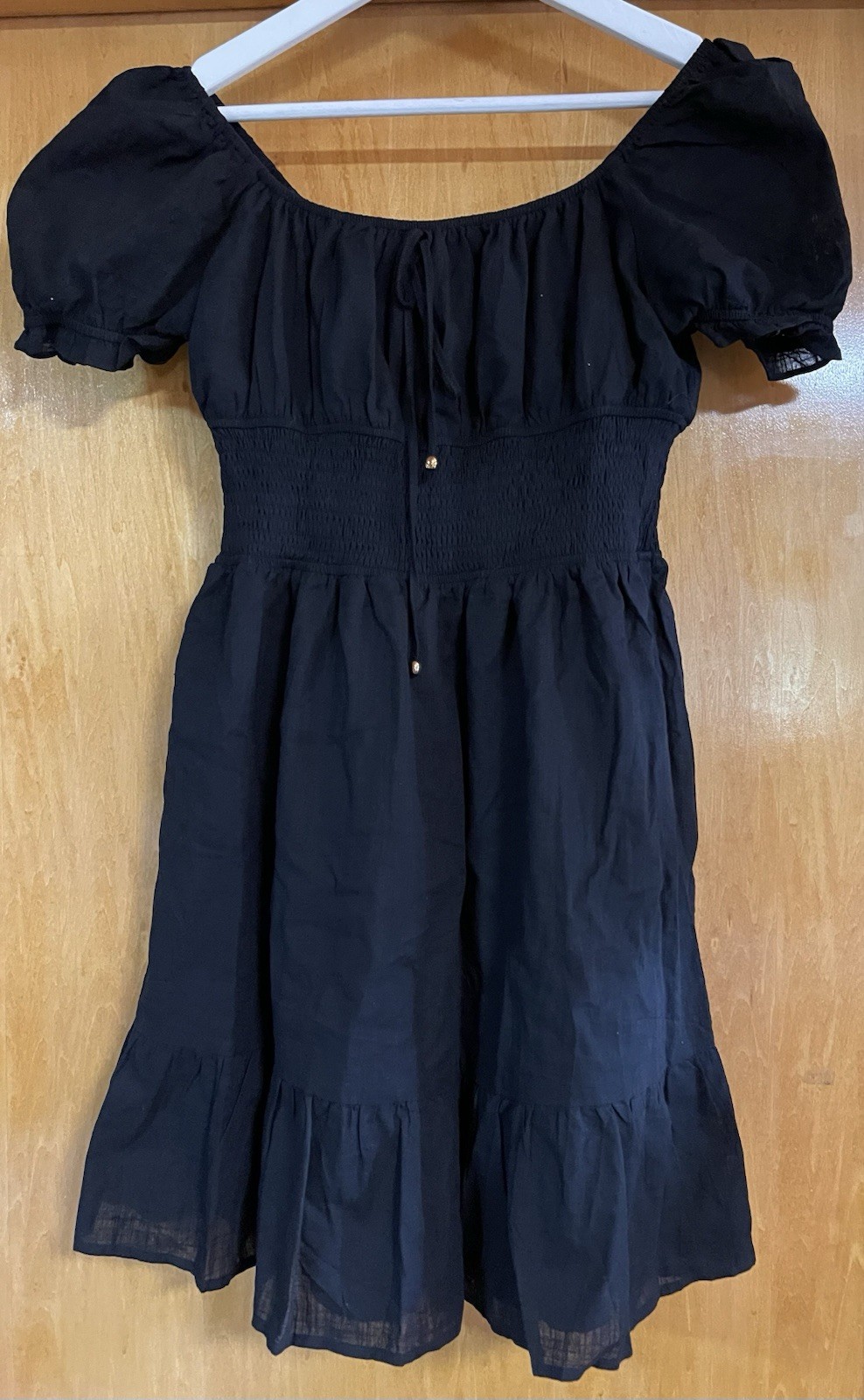 Lillusory, L, Black Tiered Cottagecore Stretch Waist Puff Sleeve Short Dress