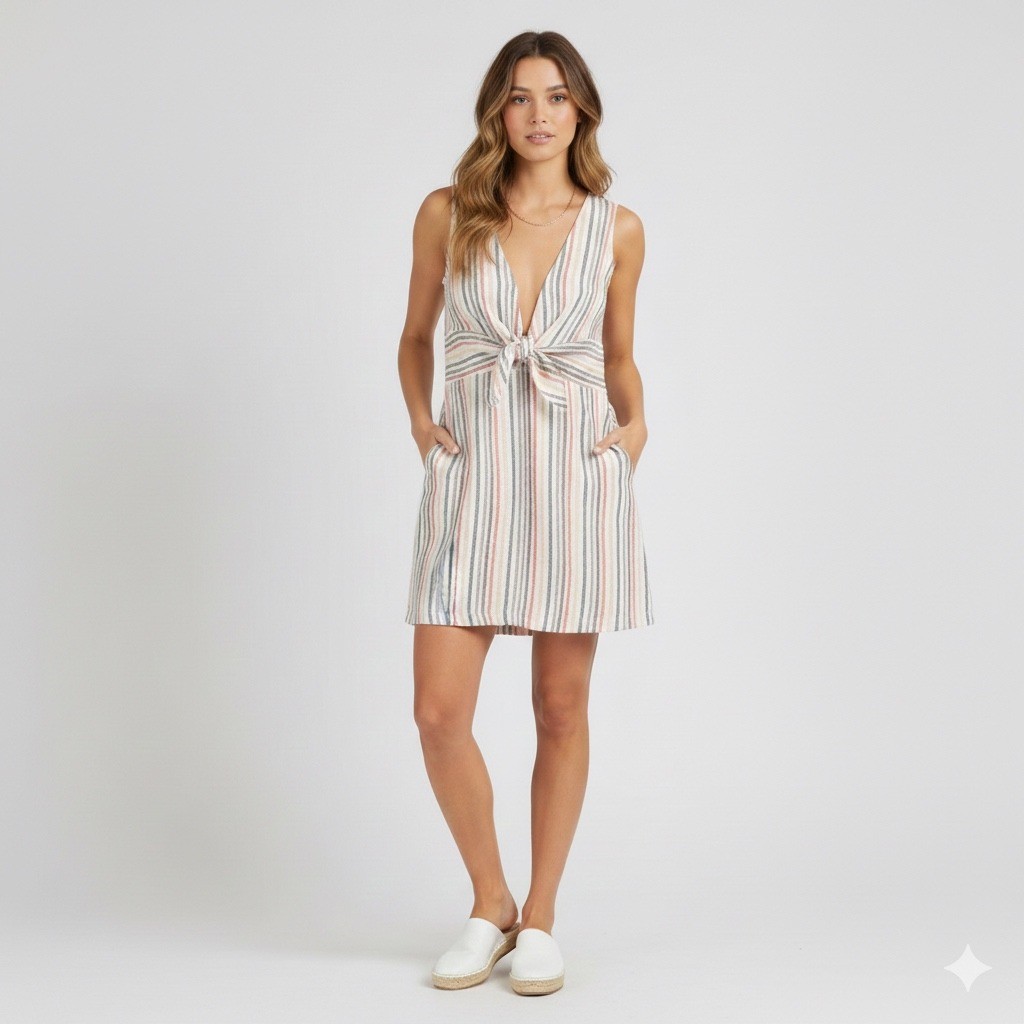 Olivaceous Linen Blend Striped Dress S Plunge V Front Knot Pockets NWT