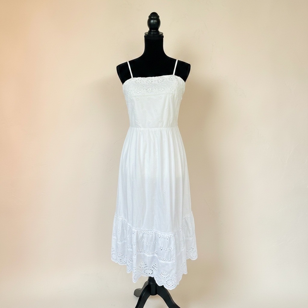 Japna White Cotton Eyelet Midi Dress Large Smocked Back Adjustable Straps Boho
