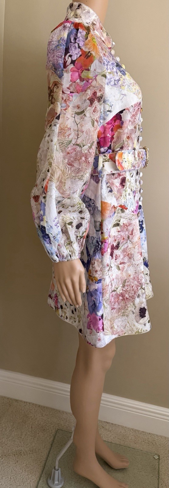 ZIMMERMANN Buttoned Floral Linen & Ramie Belted Mini Dress Size 1 AU, 4-6 US