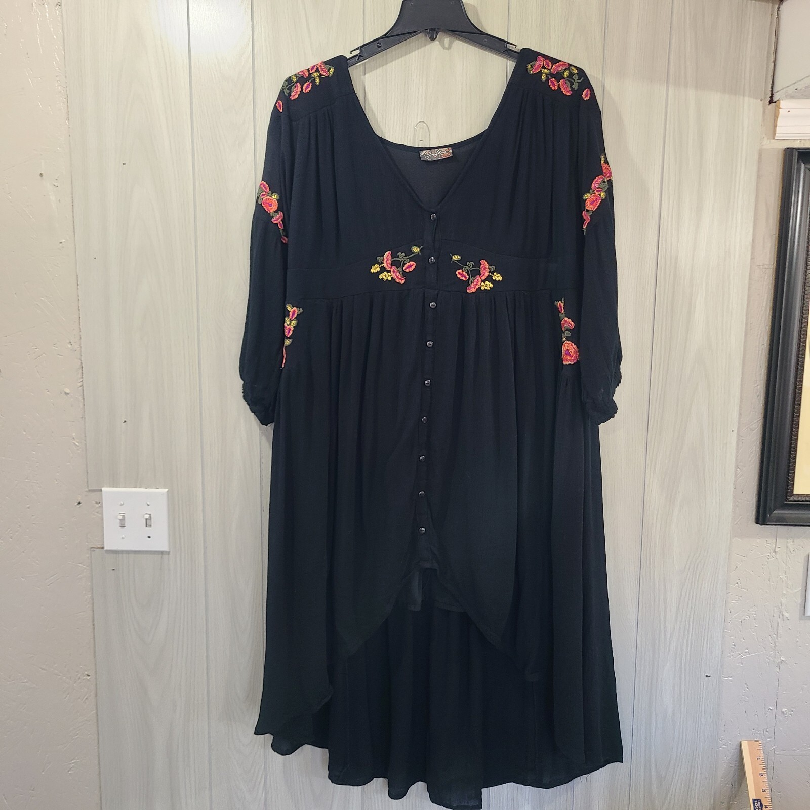 J Gee Dress Floral Embroidered Black Flowing Plus whimsical Goth Cottage Fairy