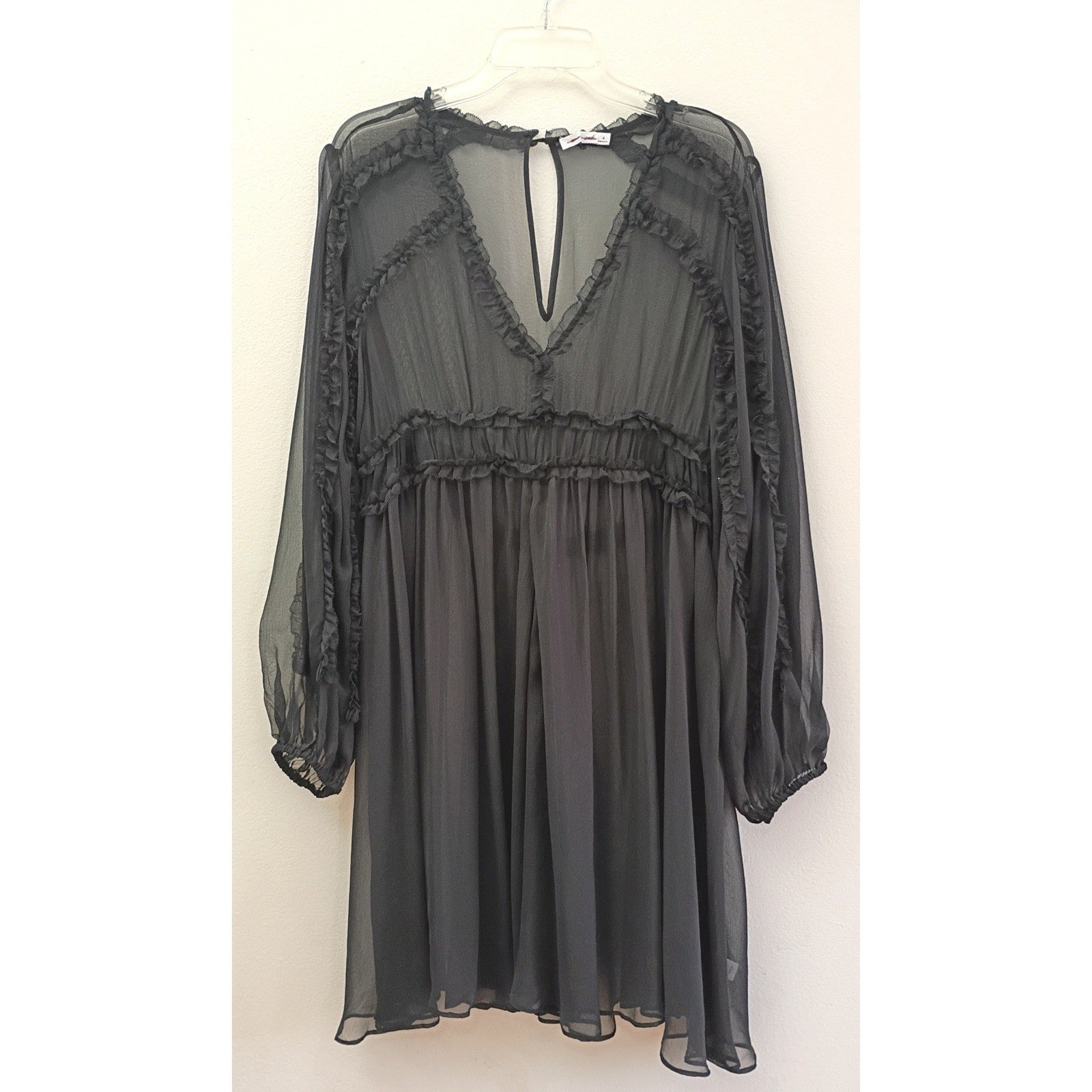 Sheer Black Chiffon Silk Babydoll Mini Dress V-Neck Long Sleeve Size 4 Cover Up