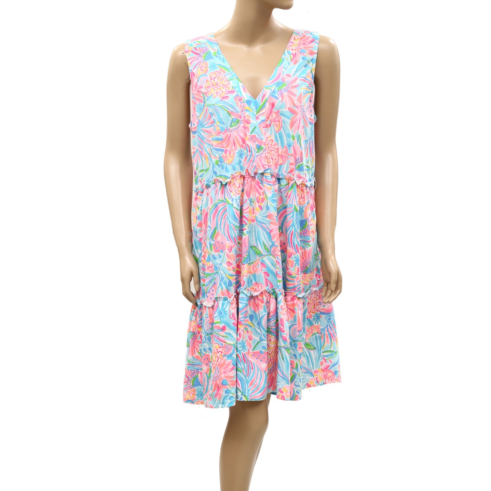 Lilly Pulitzer Lorina Swing Mini Dress Printed Cotton Tiered Ruffle L 288127