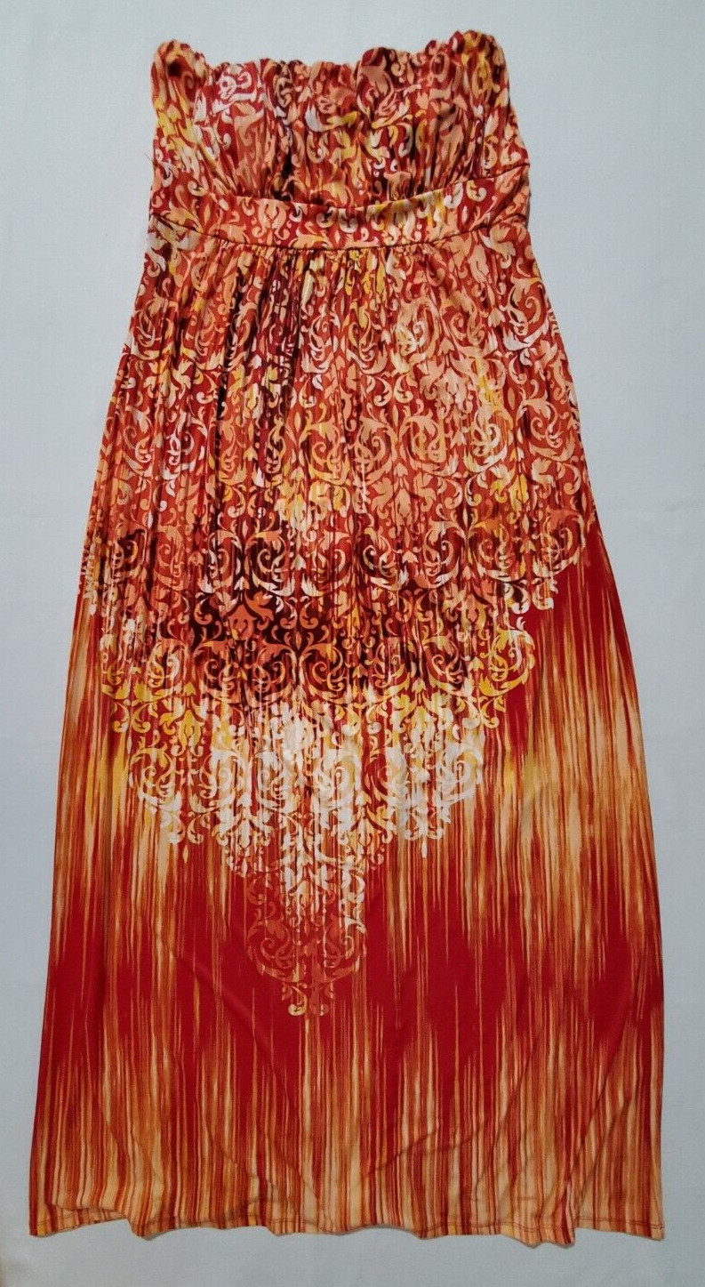 Soma Strapless Maxi Dress Size L Stretch Orange Multicolor Poyester