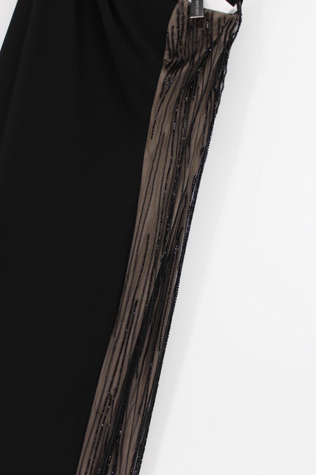 DAVID MEISTER Black 1-Shoulder Long Beaded & nude Side Formal Dress Size 12 $648