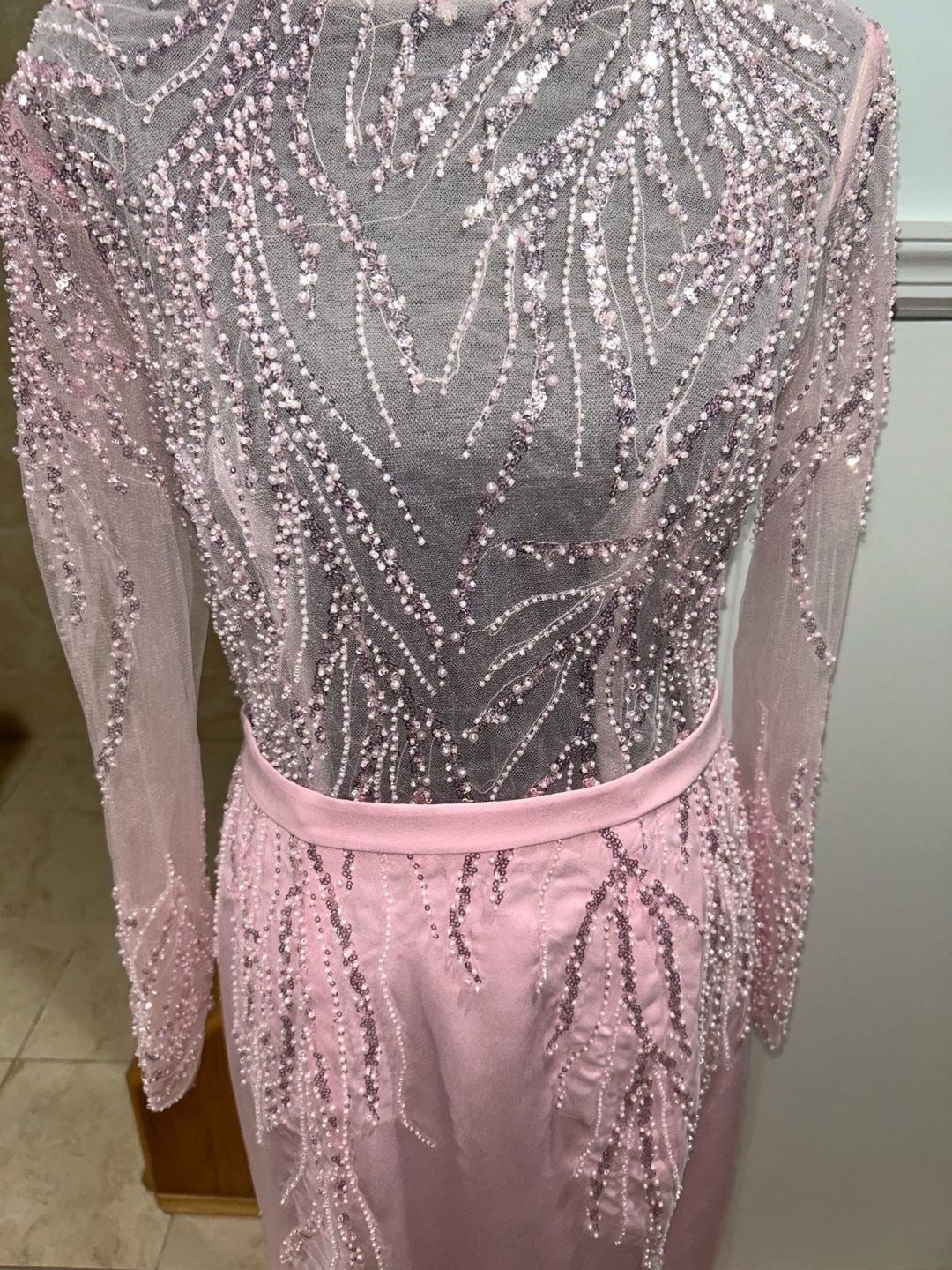 Pink Beaded Linear Cascading Long-Sleeve Mermaid Gown