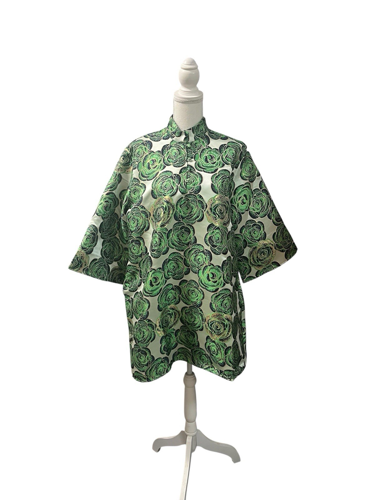 Caryn Lawn Keri Jacquard Rose Dress Green Floral Gold Metallic 3/4 Sleeve M/L