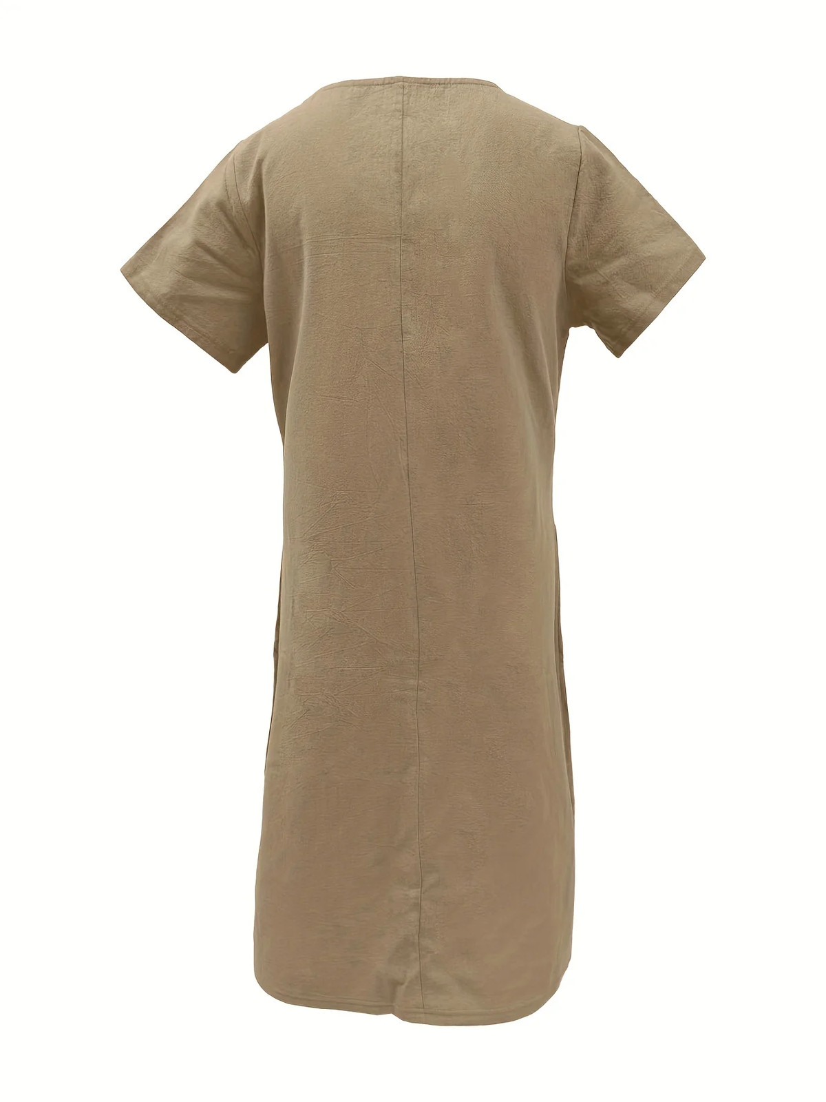 Women Round Neck Short Sleeve Double Pocket Loose Cotton Linen Knee Length Dress