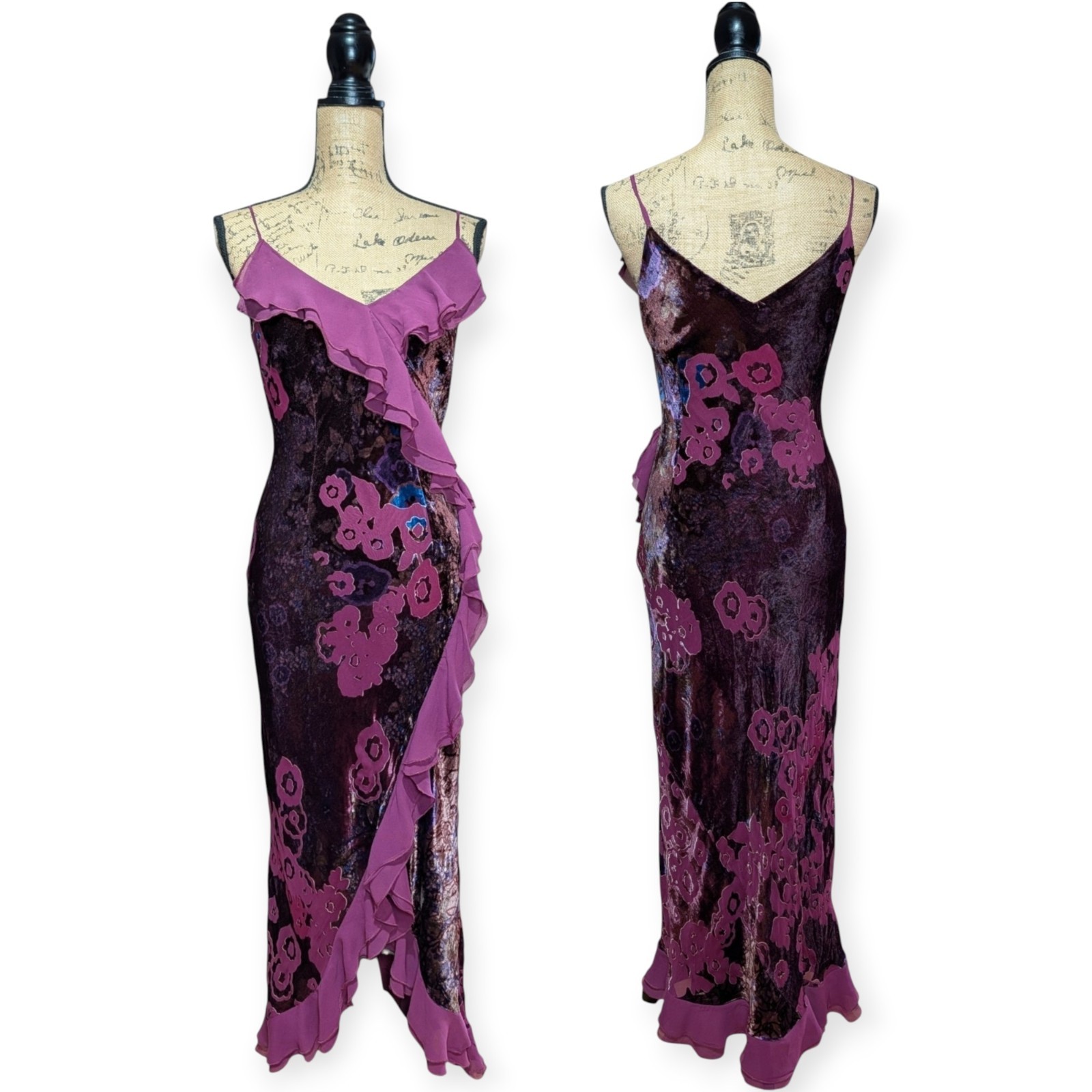Vintage 90s Monsoon Bias Cut Floral Velvet Devore Ruffle Dress UK 10/12 (US 8)