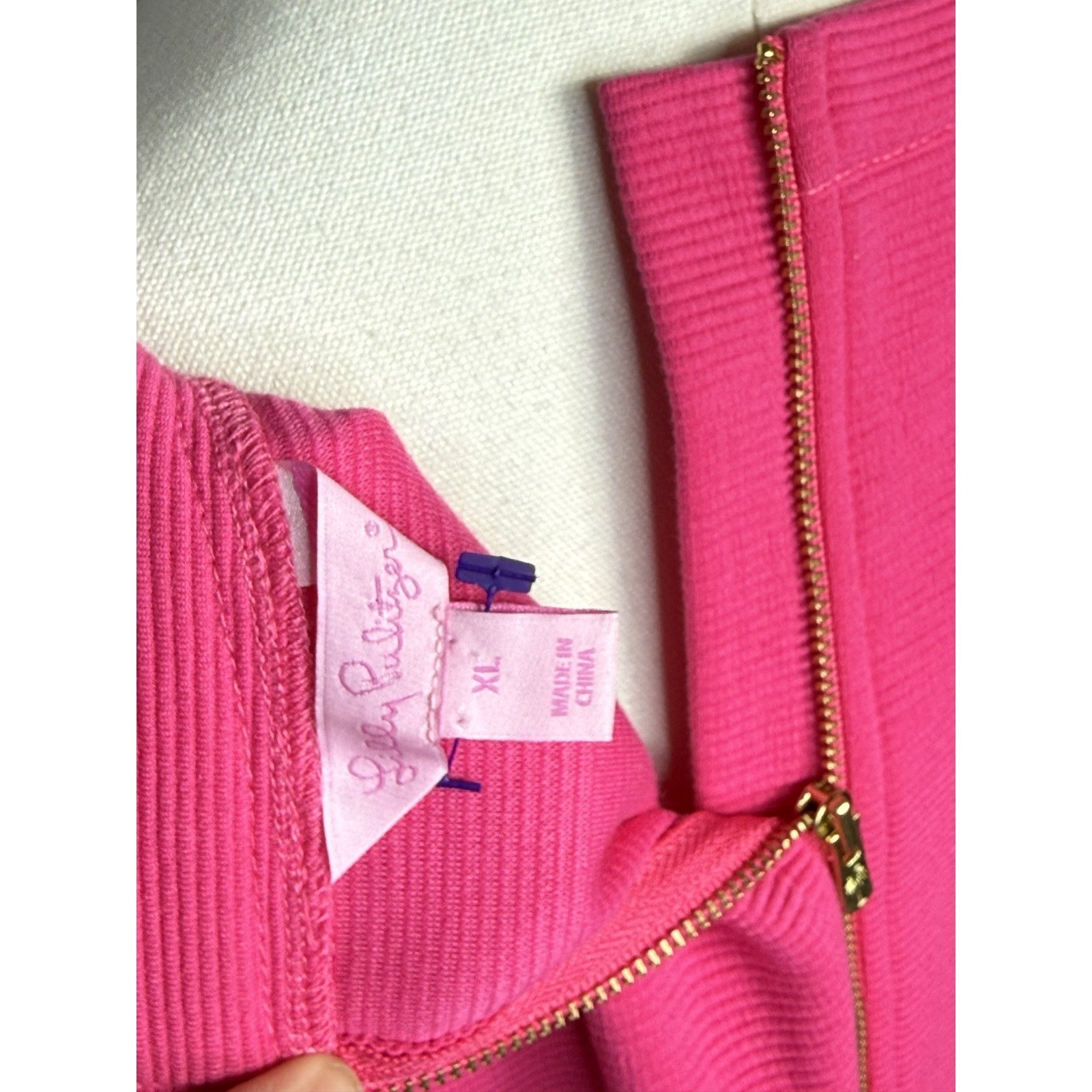 Lilly Pulitzer Pink Textured Knit Shift Dress XL Gold Zipper 3/4 Sleeve