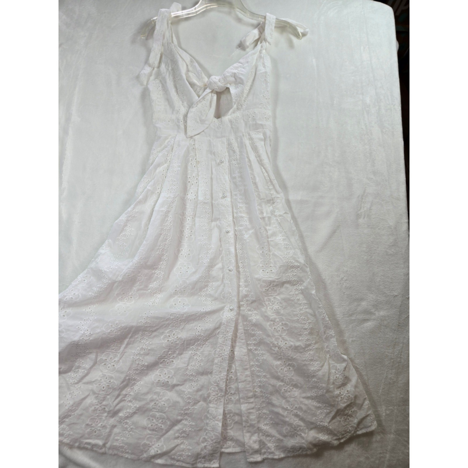 White Eyelet Tie Front Midi Dress Pearl Button Detail Sleeveless Boho Sundress