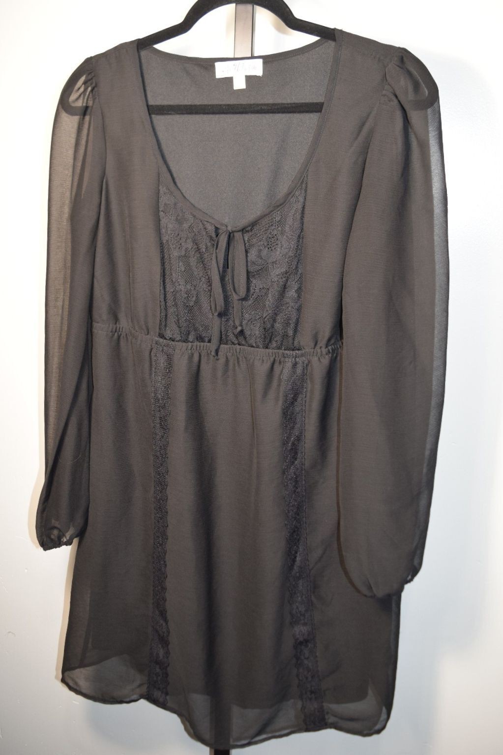 As U Wish Size L Black Sheer Chiffon Lace Tie Front Babydoll Dress Romantic Goth