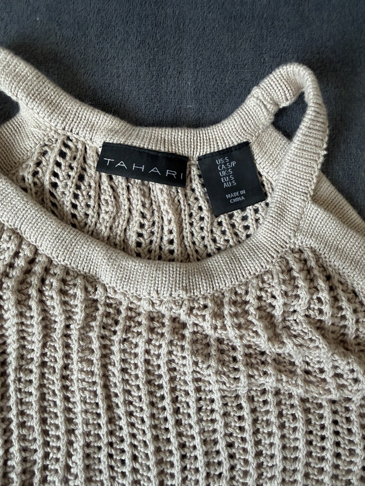 Tahari Beige Open-Knit Crochet Halter Cover-Up Women’s Dress – Size Small.
