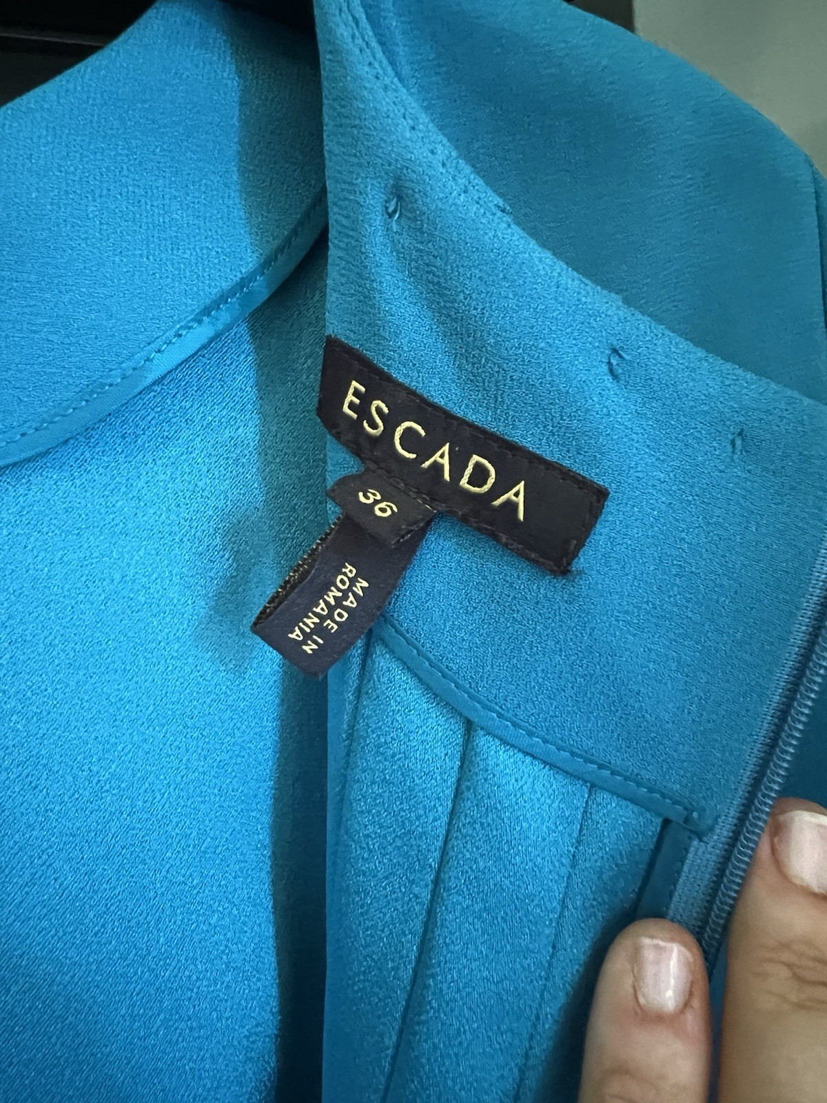 ESCADA Black Label Nissis Sheath Mini Dress Pleated Back Blue 3/4 Sleeve 36