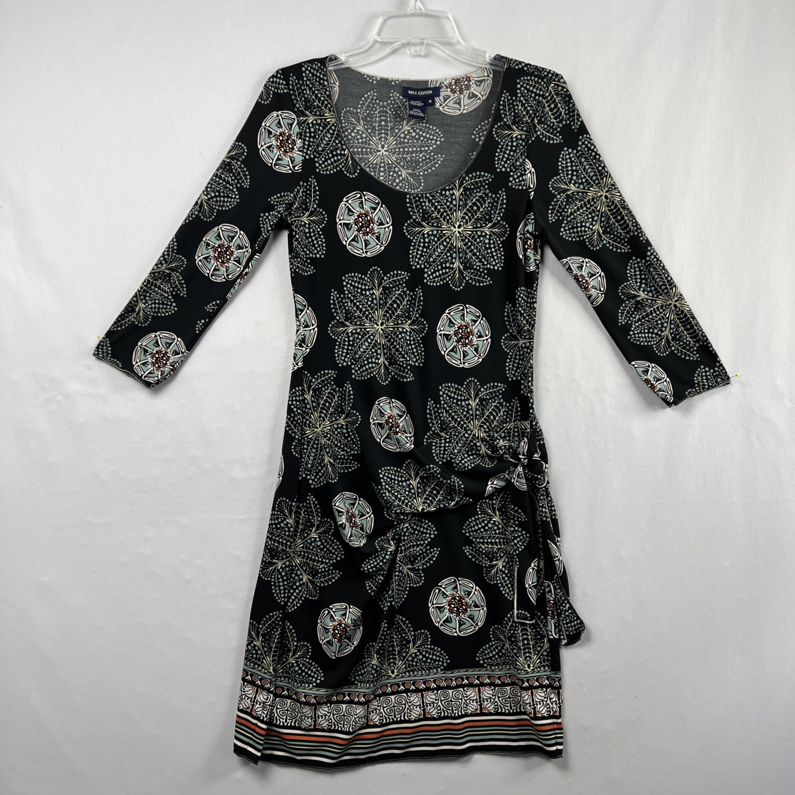 Max Edition Dress Womens Medium Black Floral Knot Waist Boho Stretch Pullover